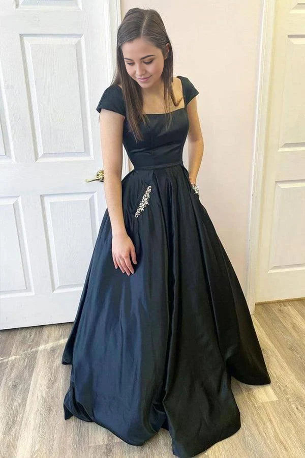 Vestidos de fiesta largos de satén con corte A y mangas cortas negras abiertas